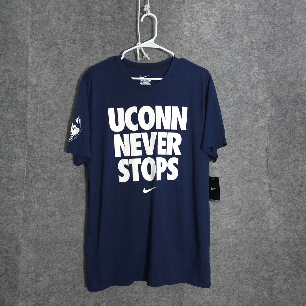 Nike UConn Never Stops T-Shirt Mens L Navy Blue NCAA Huskies Athletic Tri-Blend